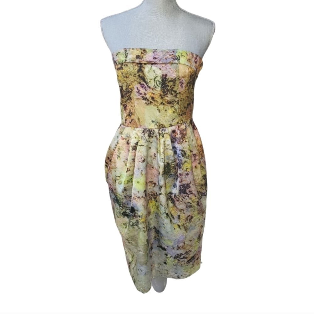 McGinn Knightsbridge strapless satin floral print cocktail dress pockets size 8